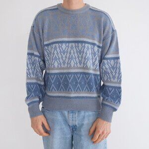 Vintage Fashion Sweaters Blue Fair Isle Crew Neck Knit EclecticSweater Medium